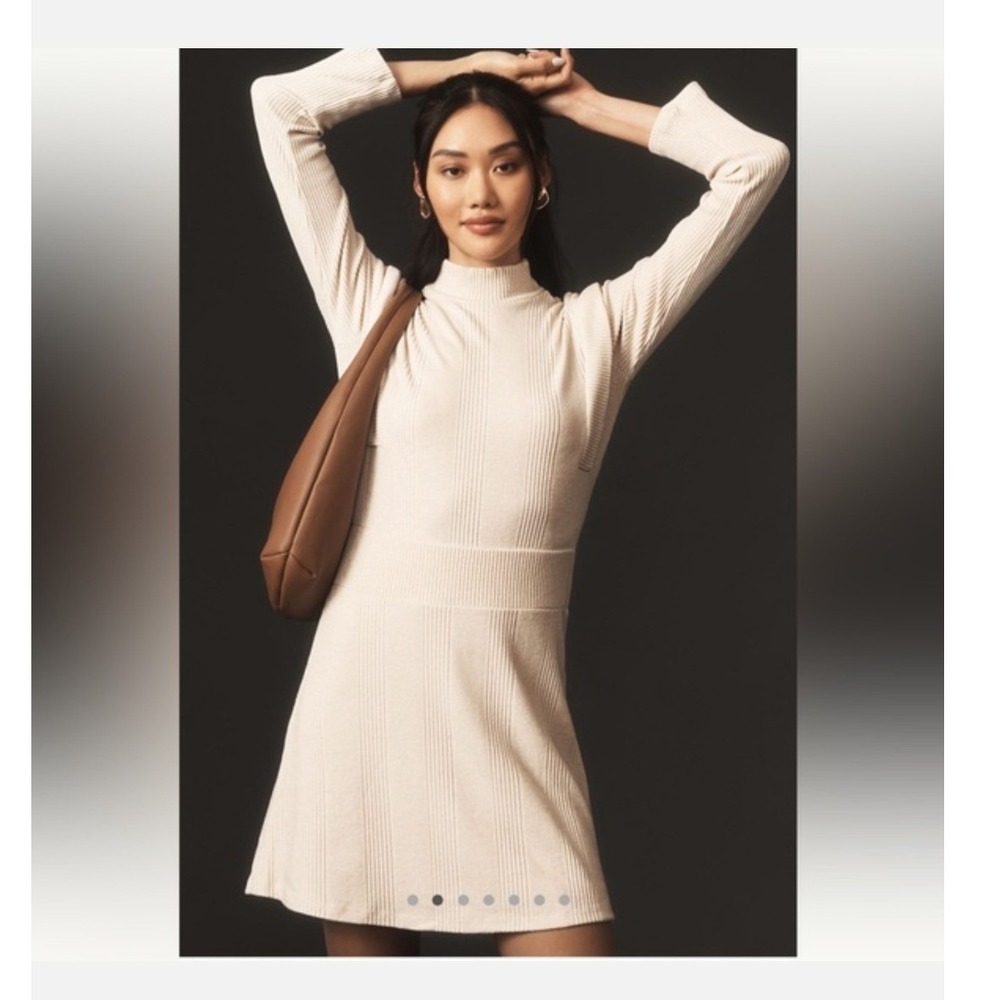 Anthropologie Maeve Strong Shoulder Ribbed Sweater Dress Ivory Cream- Medium